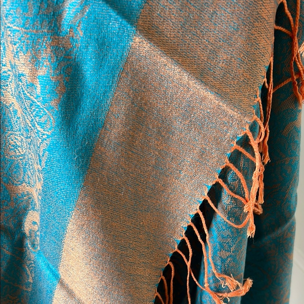 NWOT Teal and Tangerine Orange Silk Pashmina Shawl - Picture 6 of 7